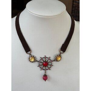 Brown Suede Choker Necklace With Red & Yellow Gemstone Accents Adjustable Chain